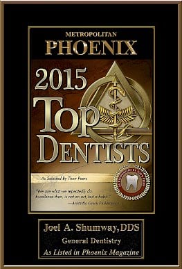 Metropolitan Phoenix, 2015 Top Dentists, as selected by their peers. - Joel A. Shumway, DDS, General Dentistry, As listed in Phoenix Magazine